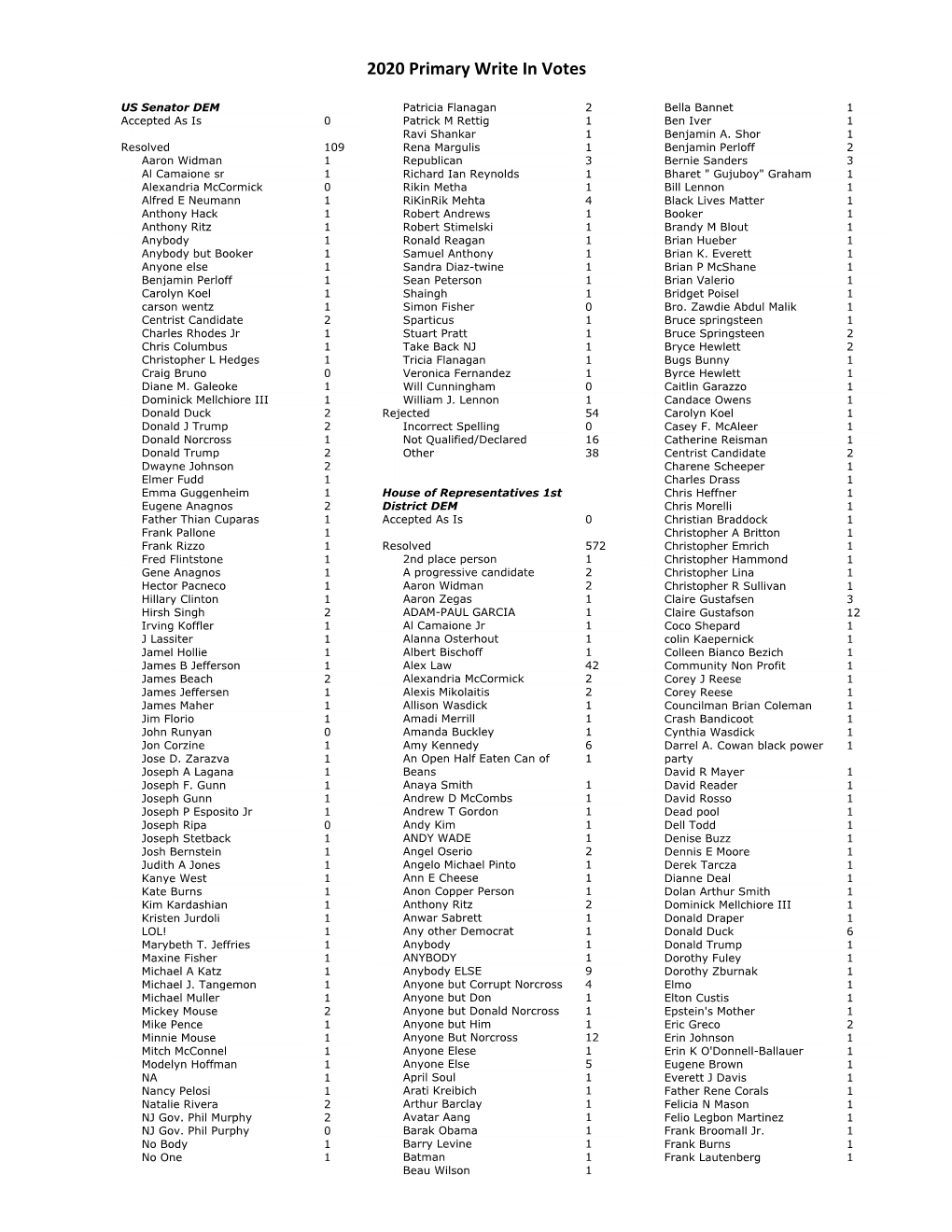 2020 Primary Write in Votes