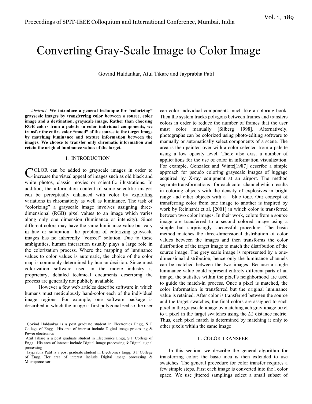 Converting Gray-Scale Image to Color Image