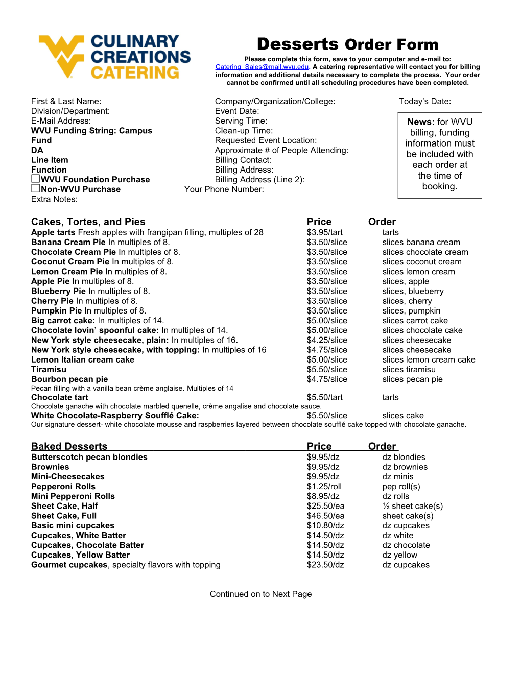 Desserts Order Form