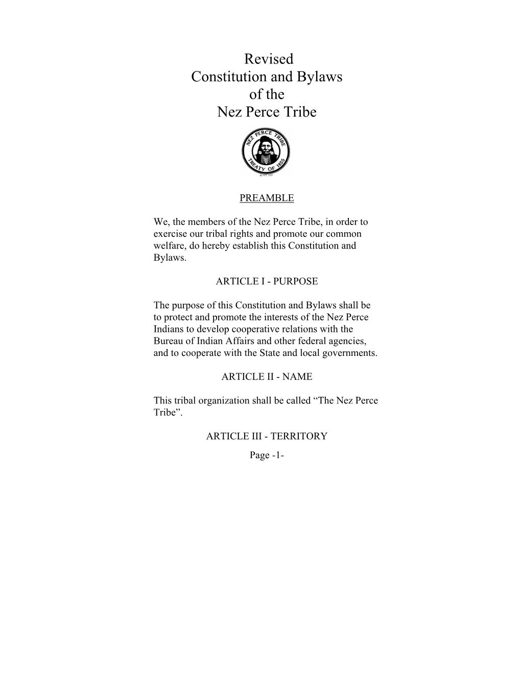 Revised Constitution and Bylaws of the Nez Perce Tribe