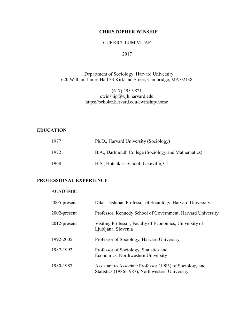 Christopher Winship Curriculum Vitae 2017