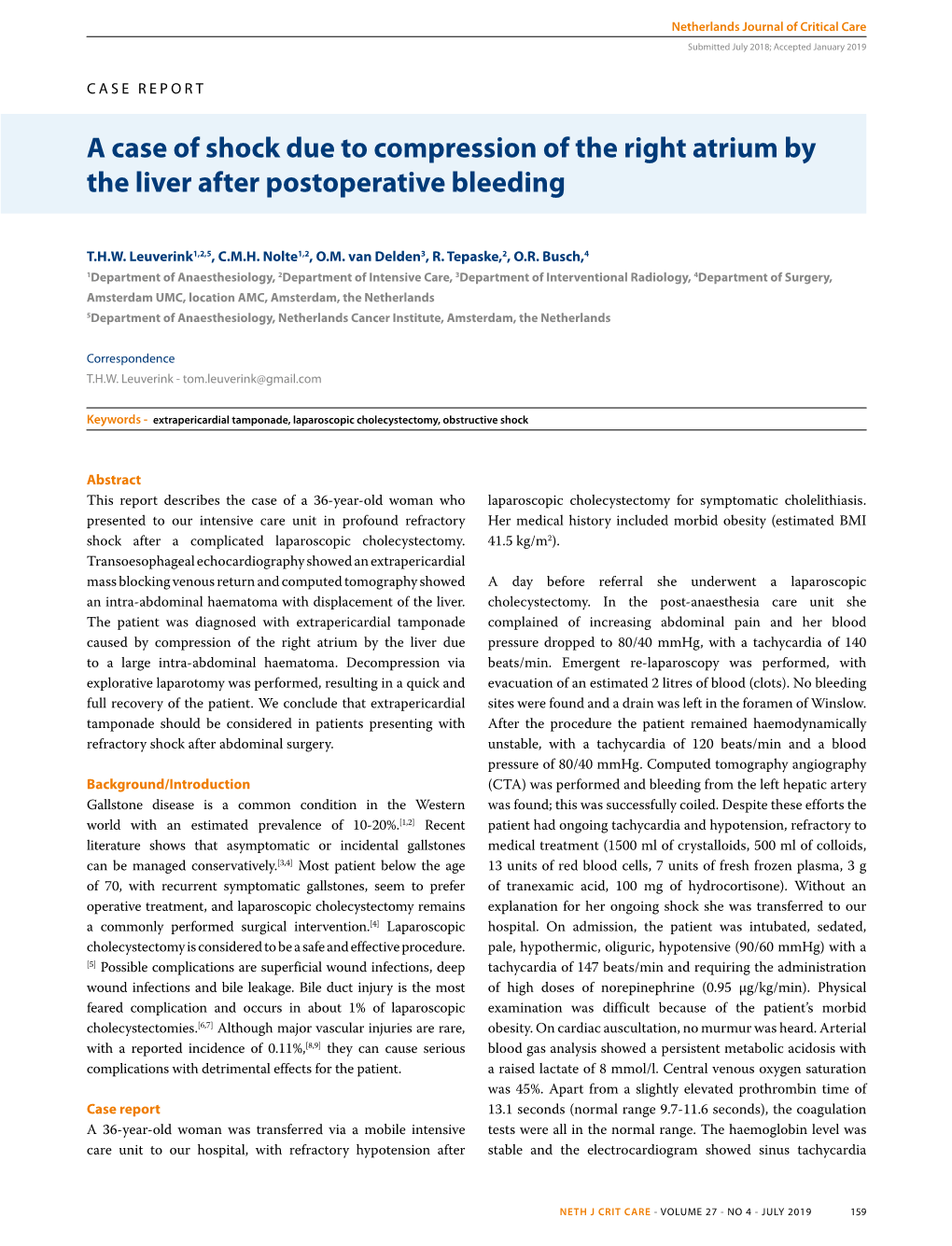 A Case of Shock Due to Compression of the Right Atrium by the Liver After Postoperative Bleeding