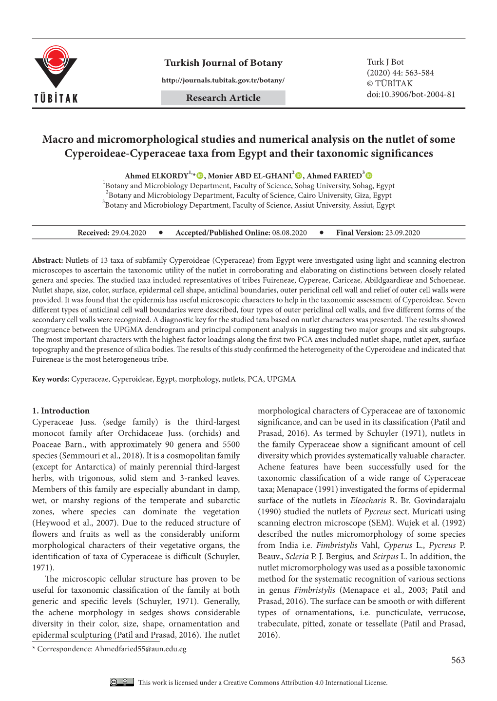 Turkish Journal of Botany Turk J Bot (2020) 44: 563-584 © TÜBİTAK Research Article Doi:10.3906/Bot-2004-81