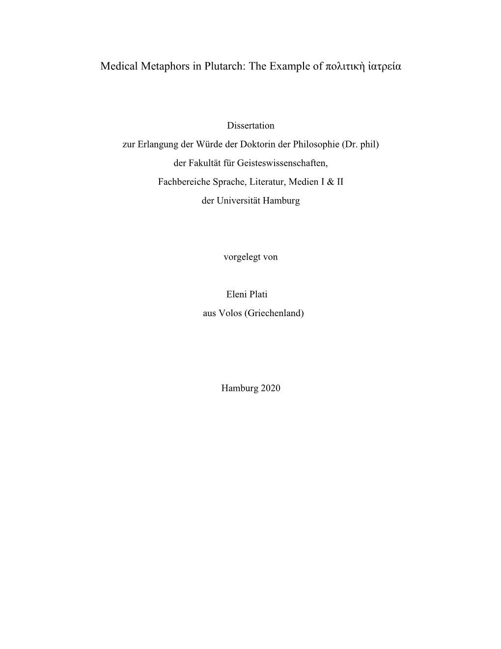 Medical Metaphors in Plutarch: the Εxample of Πολιτικὴ Ἰατρεία