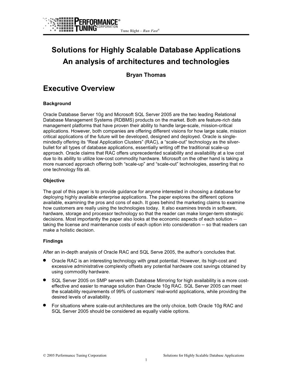 Solutions for Highly Scalable Database Applications an Analysis of Architectures and Technologies