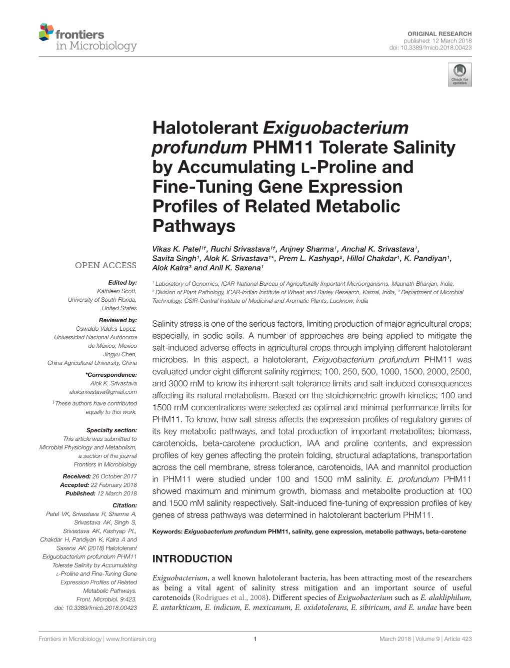 Halotolerant Exiguobacterium Profundum PHM11 Tolerate Salinity by Accumulating L-Proline and Fine-Tuning Gene Expression Profile