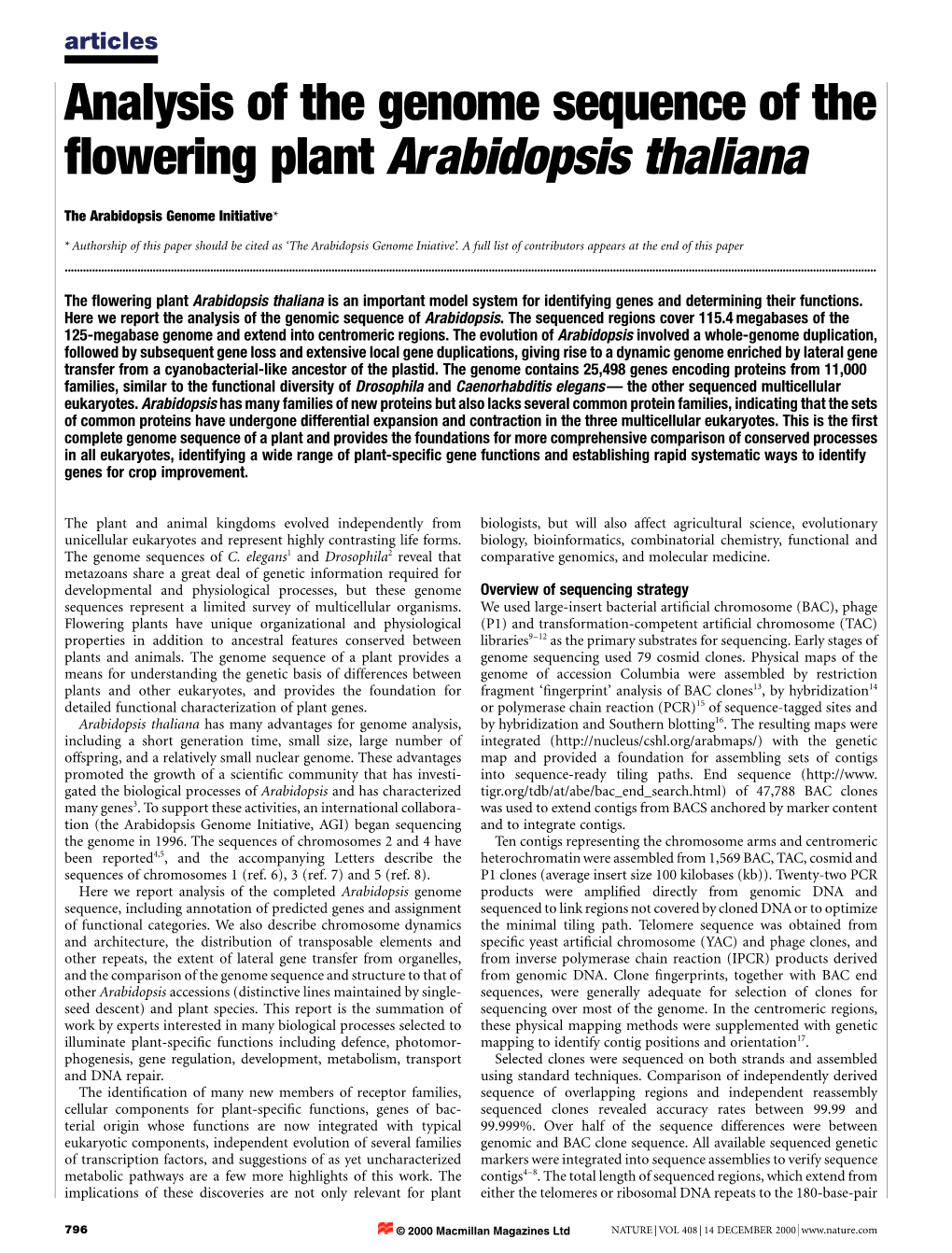 Analysis of the Genome Sequence of the ¯Owering Plant Arabidopsis Thaliana