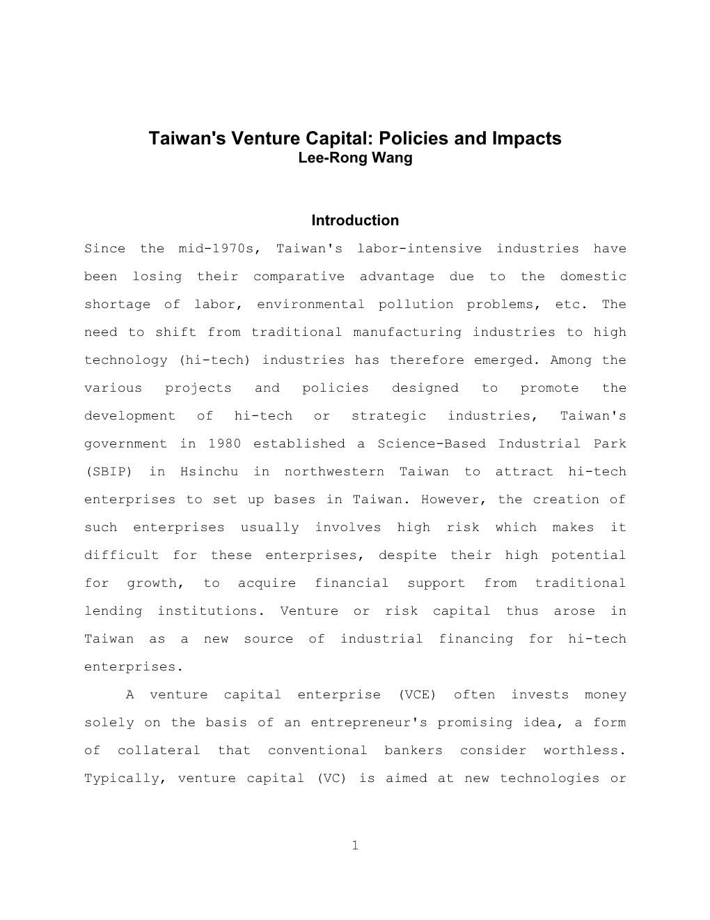 Taiwan's Venture Capital: Policies And Impacts