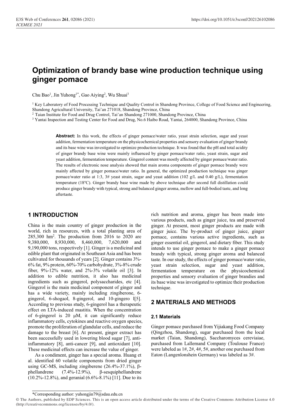 Optimization of Brandy Base Wine Production Technique Using Ginger Pomace