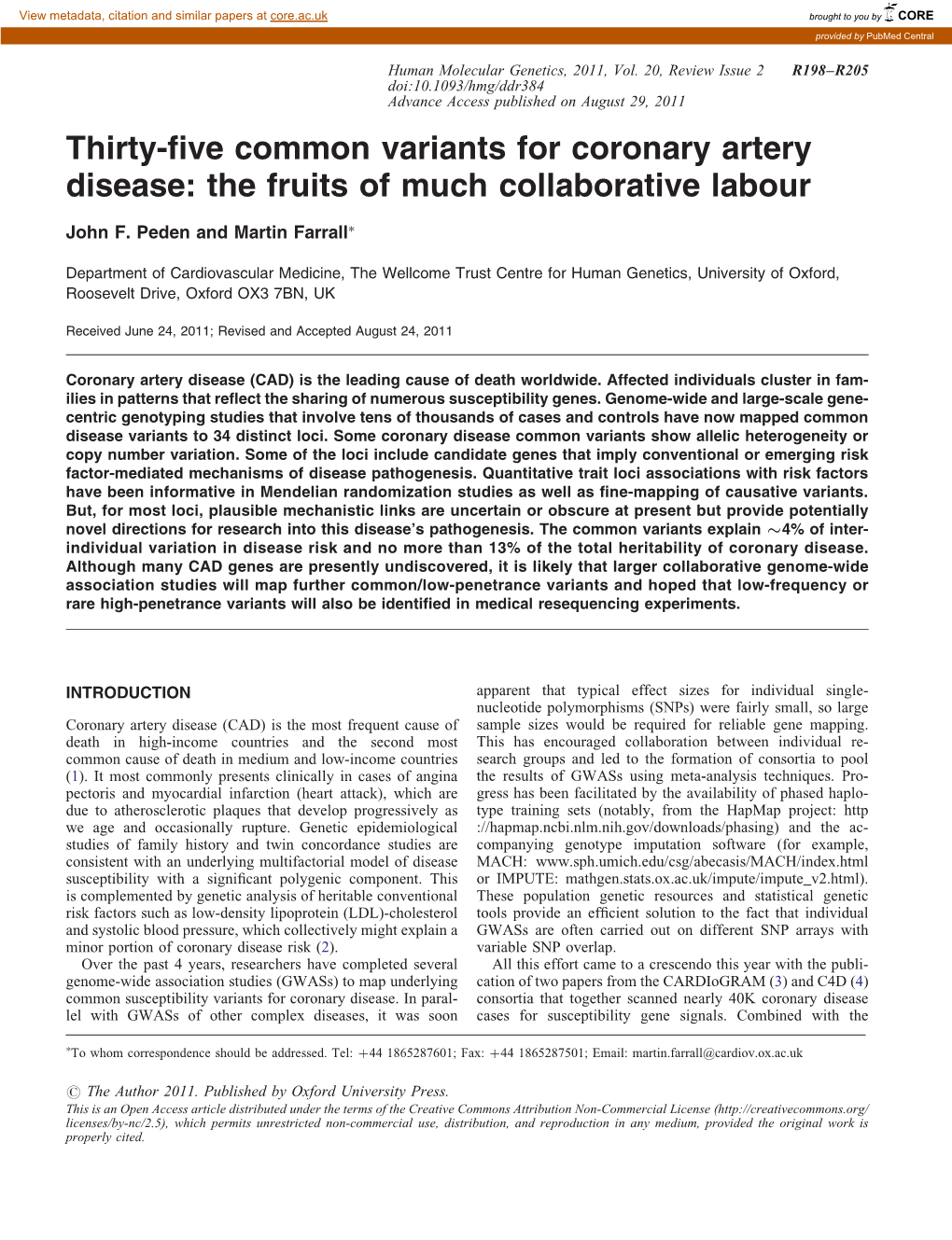 Thirty-Five Common Variants for Coronary Artery Disease