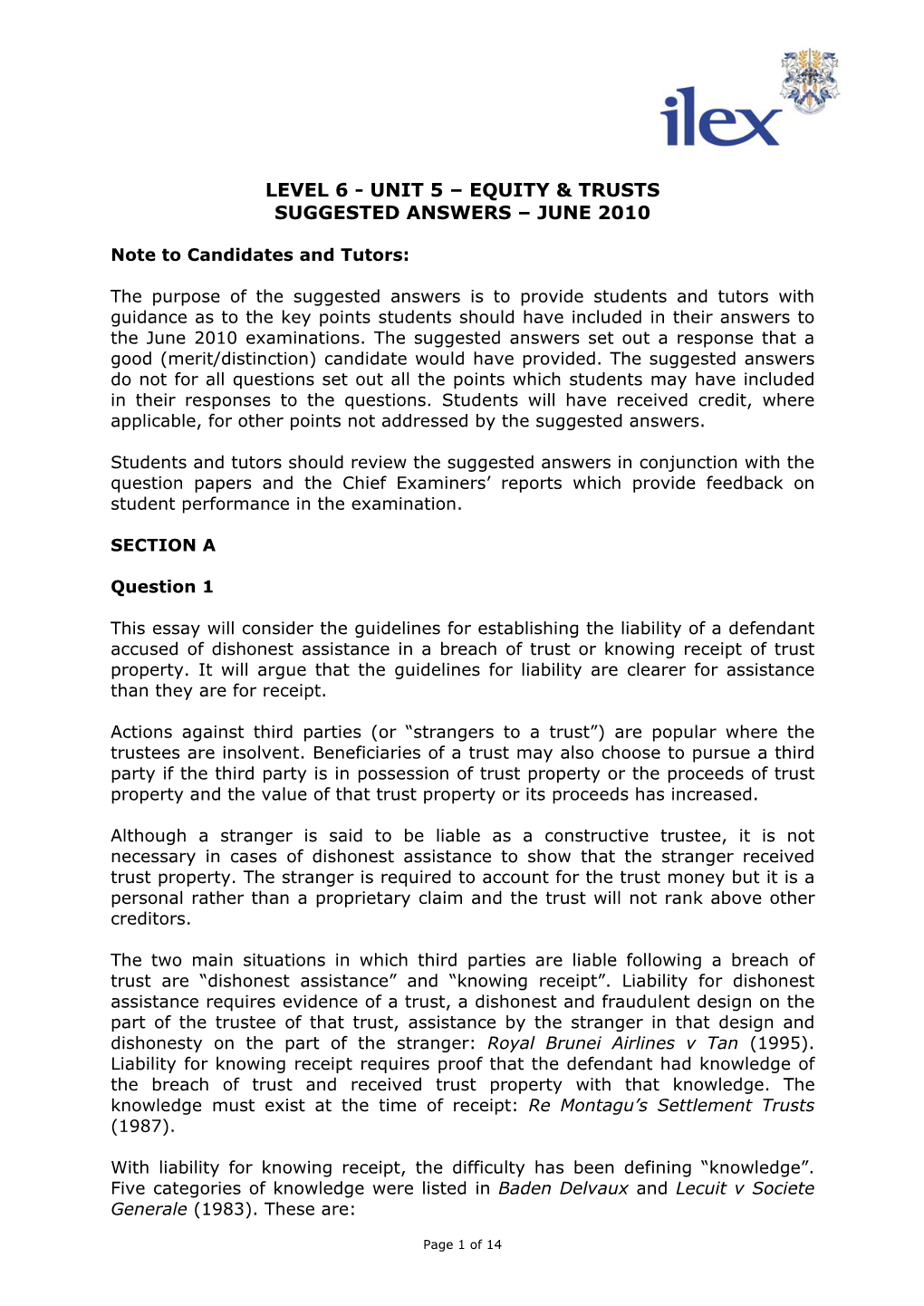 Level 6 - Unit 5 – Equity & Trusts Suggested Answers – June 2010