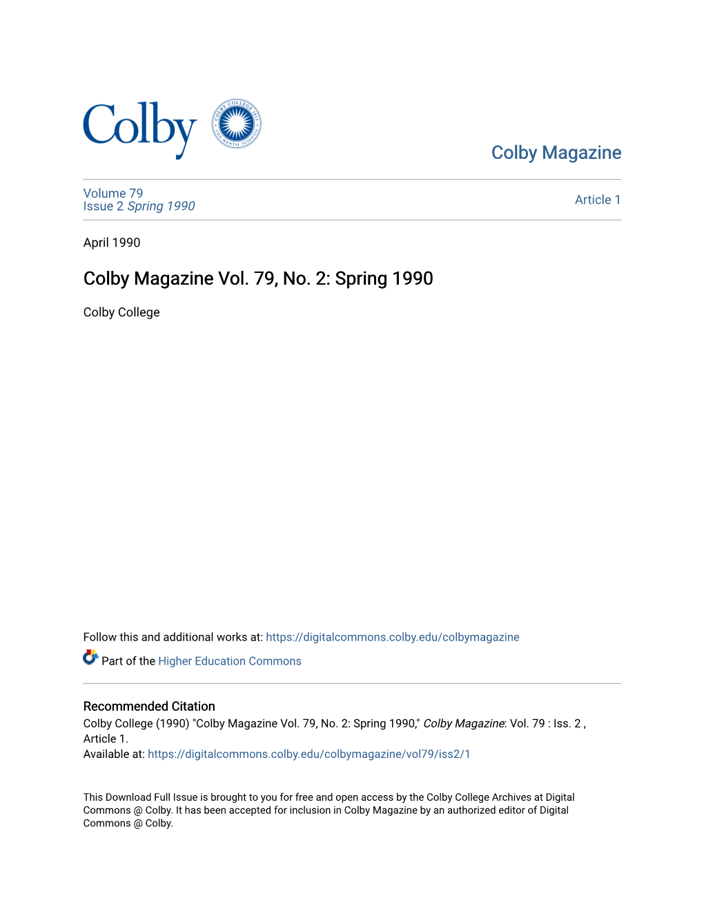 Colby Magazine Vol. 79, No. 2: Spring 1990