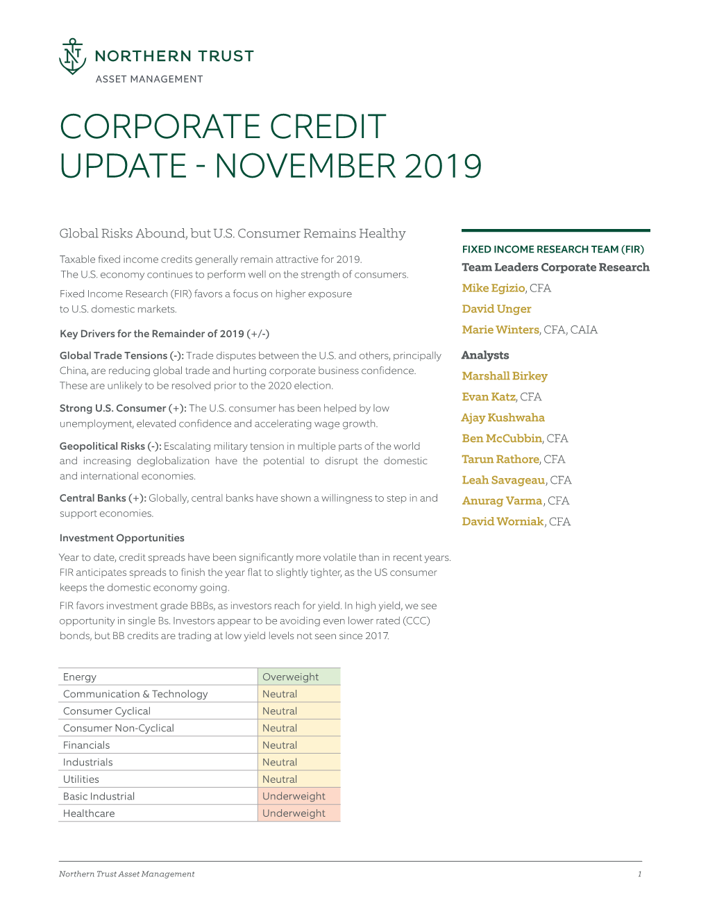 Corporate Credit Update November 2019
