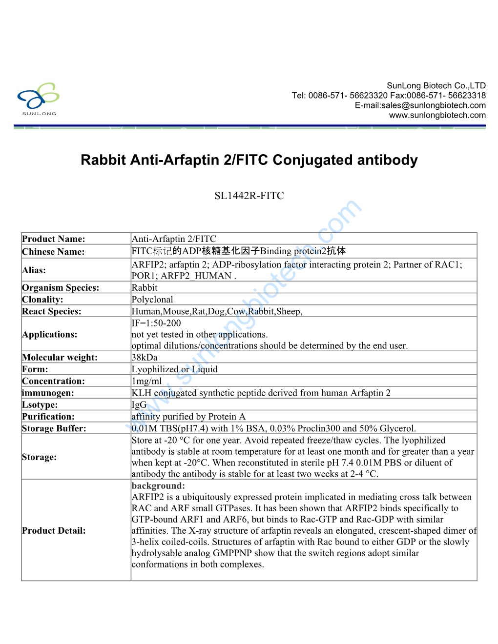 Rabbit Anti-Arfaptin 2/FITC Conjugated Antibody