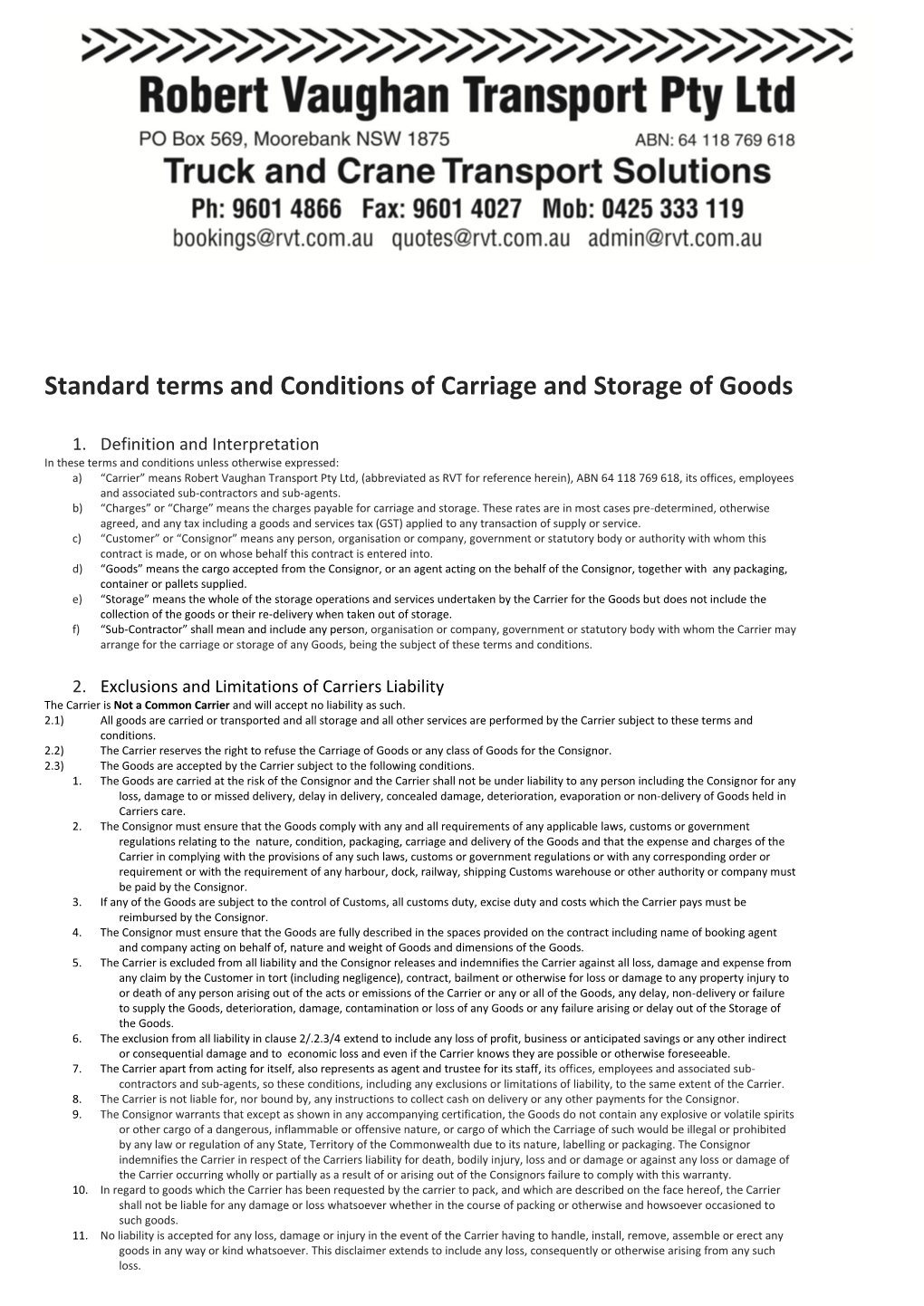 Standard Terms and Conditions of Carriage and Storage of Goods
