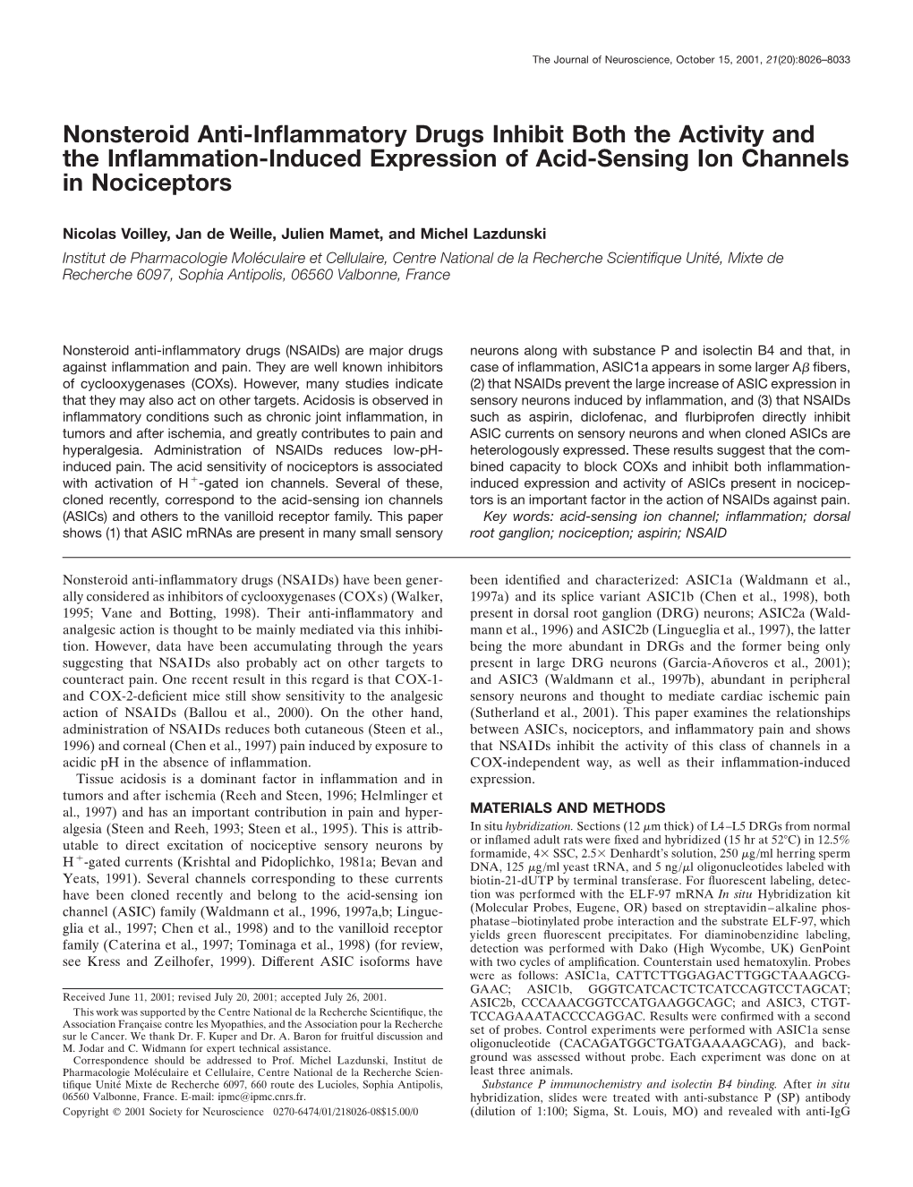 Nonsteroid Anti-Inflammatory Drugs Inhibit Both the Activity and the Inflammation-Induced Expression of Acid-Sensing Ion Channel