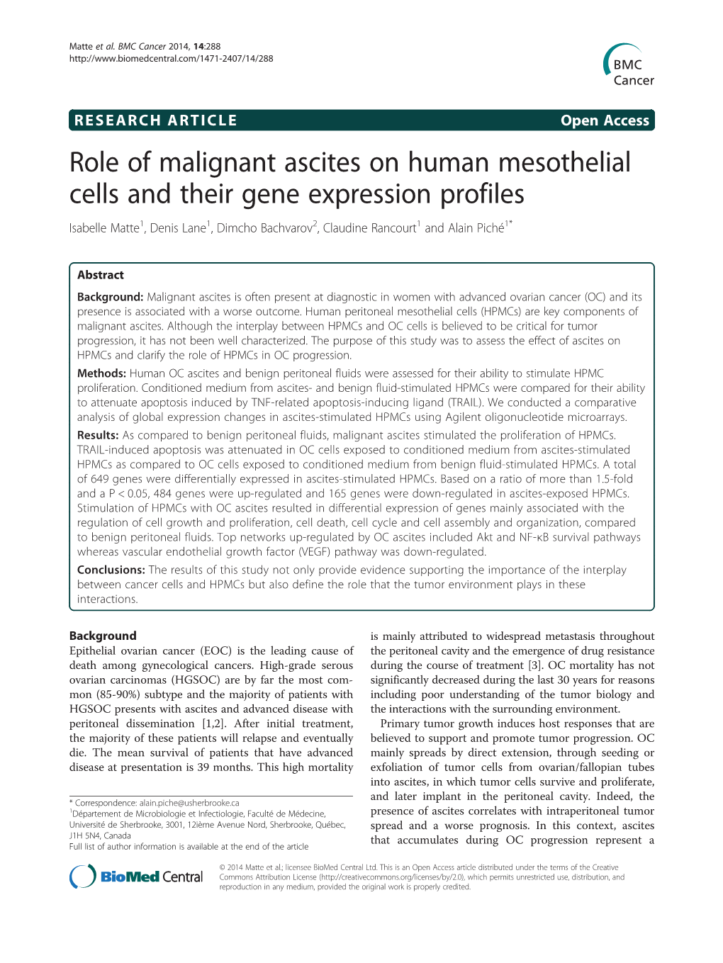 Role of Malignant Ascites on Human Mesothelial Cells and Their Gene