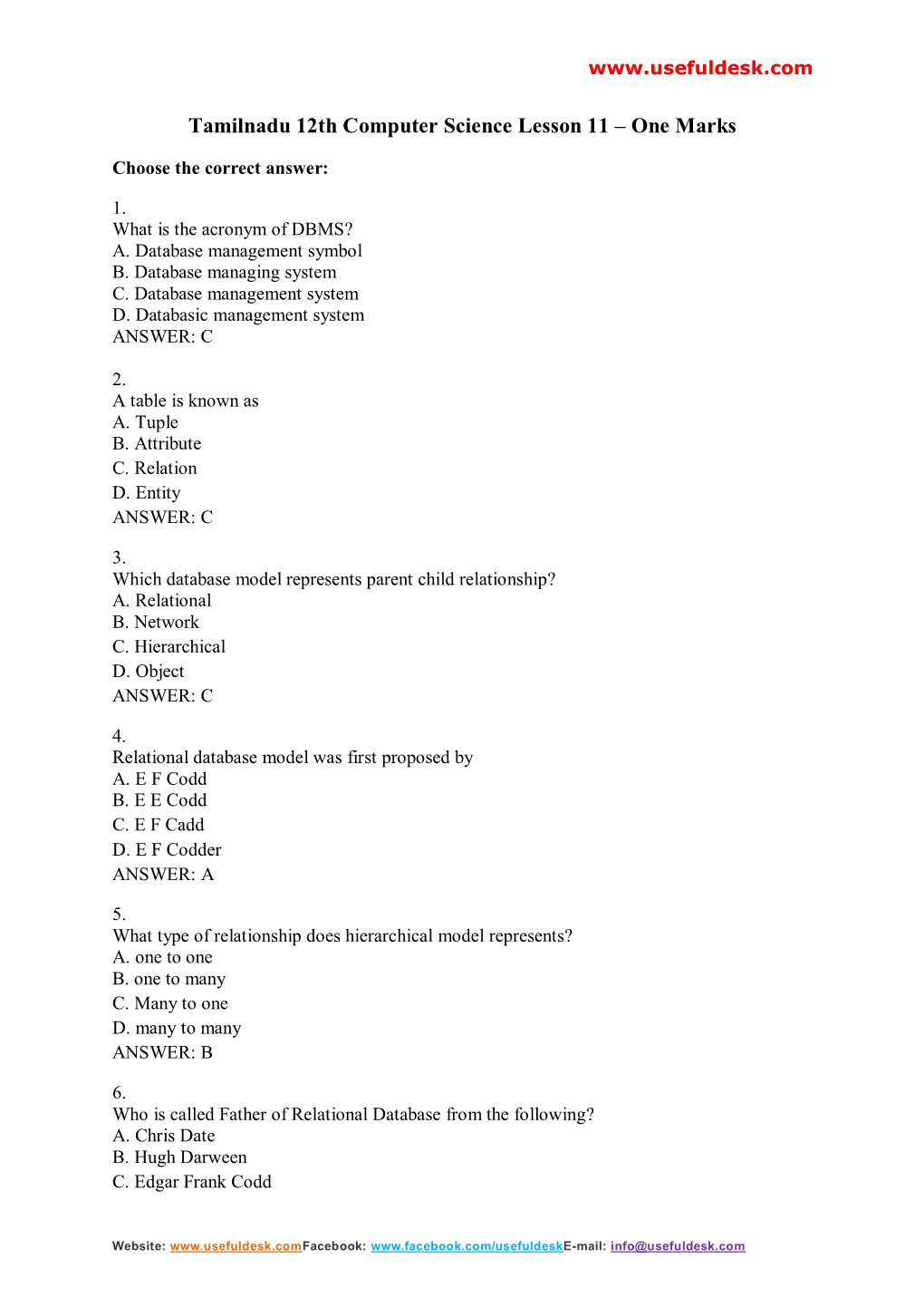 Tamilnadu 12Th Computer Science Lesson 11 – One Marks