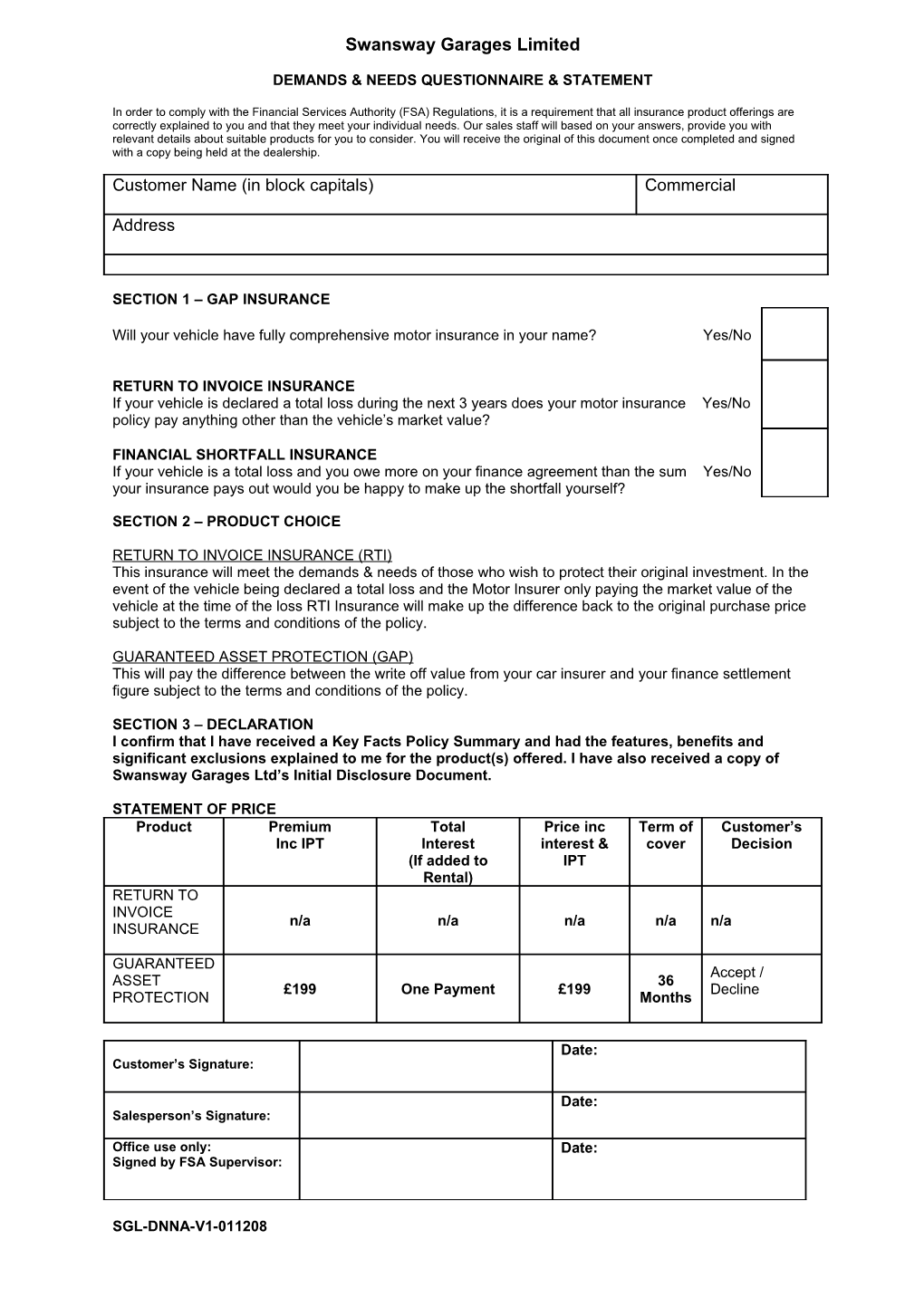 Demands & Needs Questionnaire & Statement