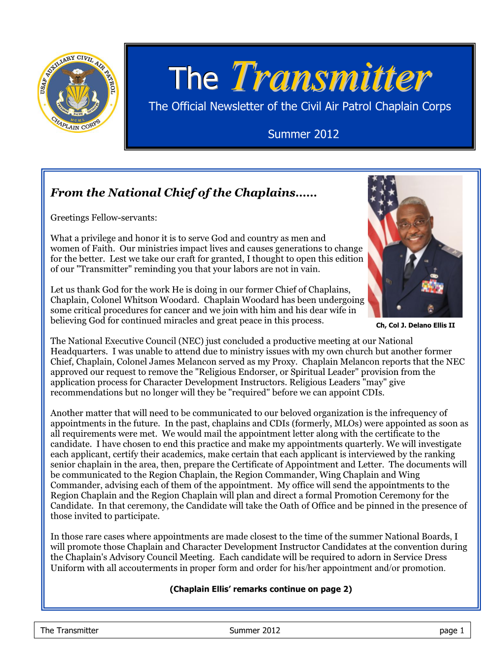 The Transmitter Summer 2012 Page 1 from the National Chief of the Ch Aplain Corps … (Cont’D)