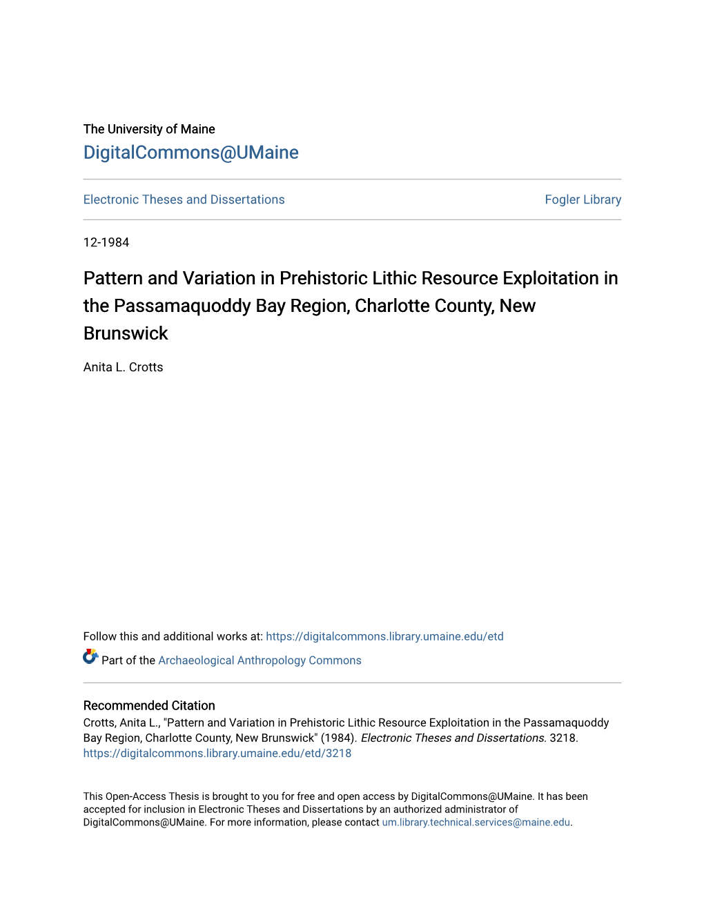 Pattern and Variation in Prehistoric Lithic Resource Exploitation in the Passamaquoddy Bay Region, Charlotte County, New Brunswick