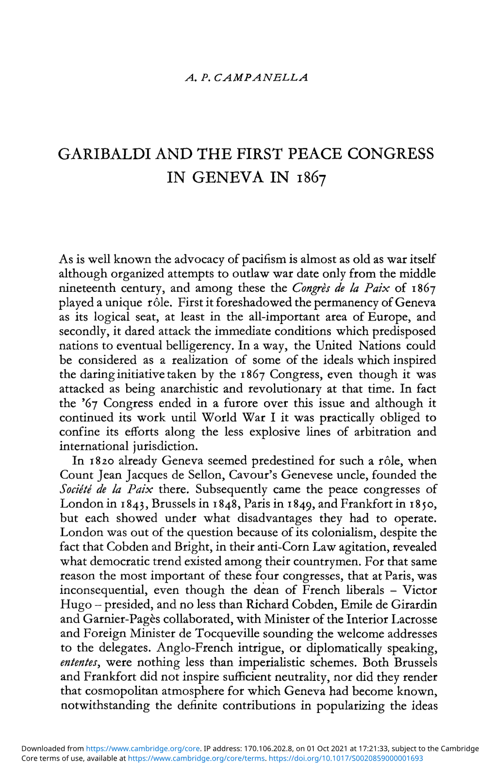 Garibaldi and the First Peace Congress in Geneva in 1867