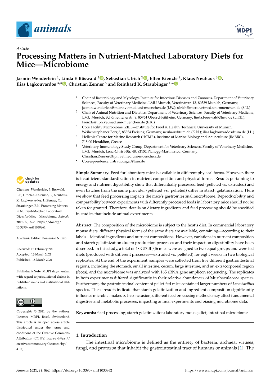 Processing Matters in Nutrient-Matched Laboratory Diets for Mice—Microbiome