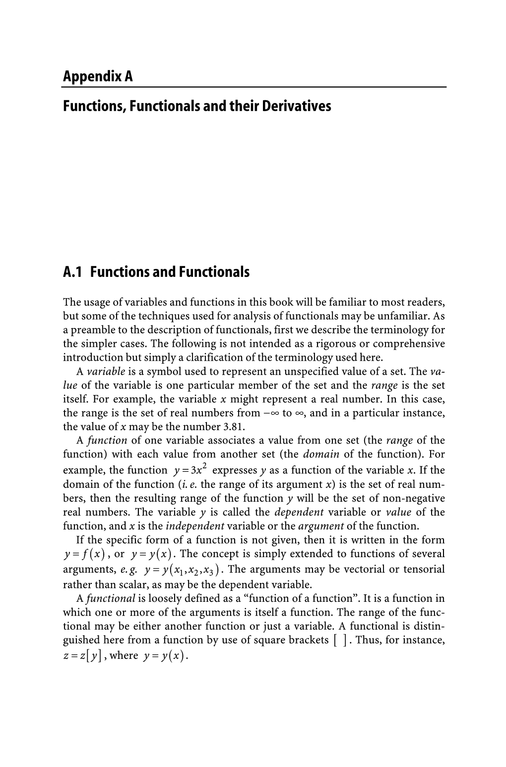 Appendix a Functions, Functionals and Their Derivatives A.1 Functions and Functionals