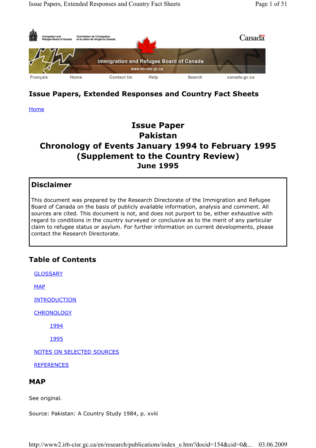 Issue Paper Pakistan Chronology of Events January 1994 to February 1995 (Supplement to the Country Review) June 1995