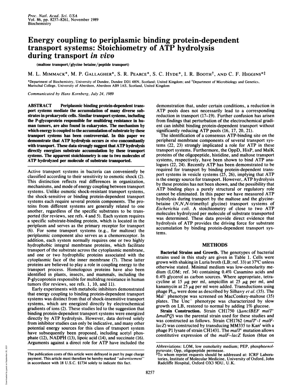 Stoichiometry of ATP Hydrolysis During Transport in Vivo (Maltose Transport/Glycine Betaine/Peptide Transport) M