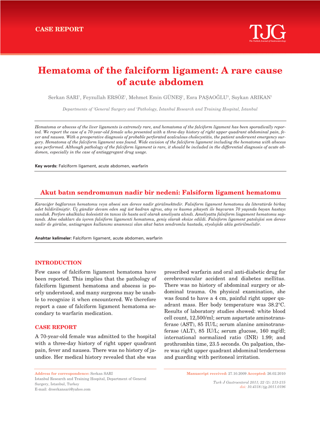 Hematoma of the Falciform Ligament: a Rare Cause of Acute Abdomen