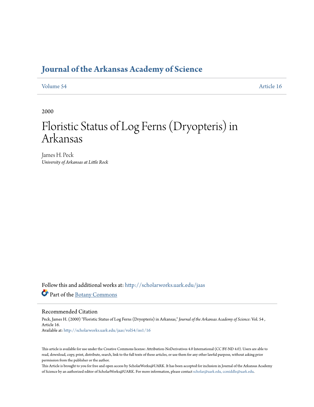 Floristic Status of Log Ferns (Dryopteris) in Arkansas James H