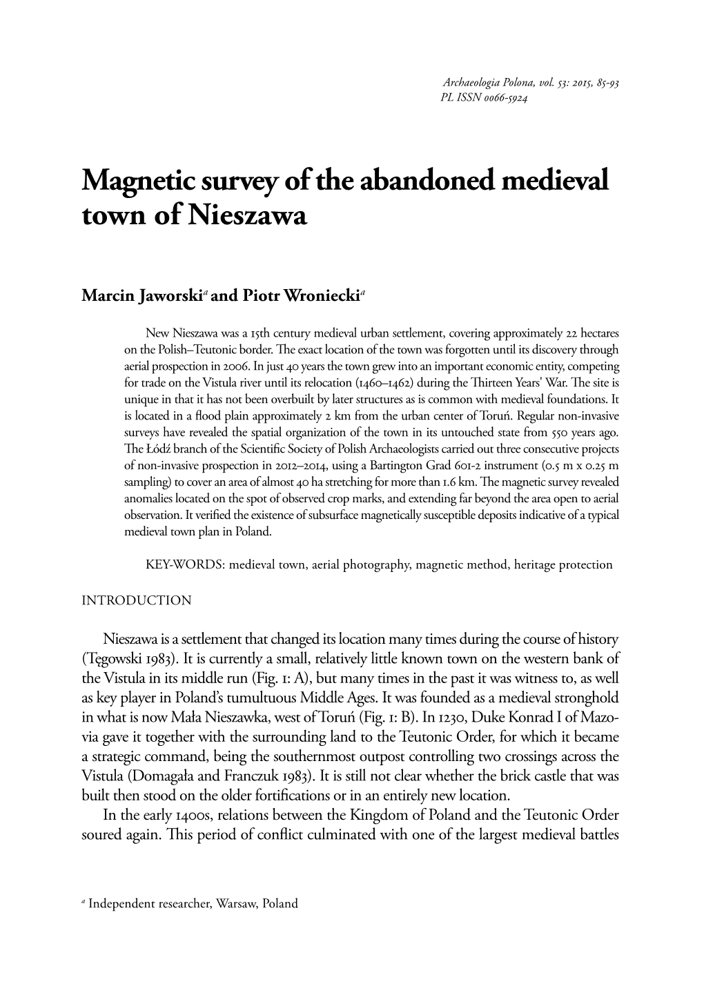 Magnetic Survey of the Abandoned Medieval Town of Nieszawa