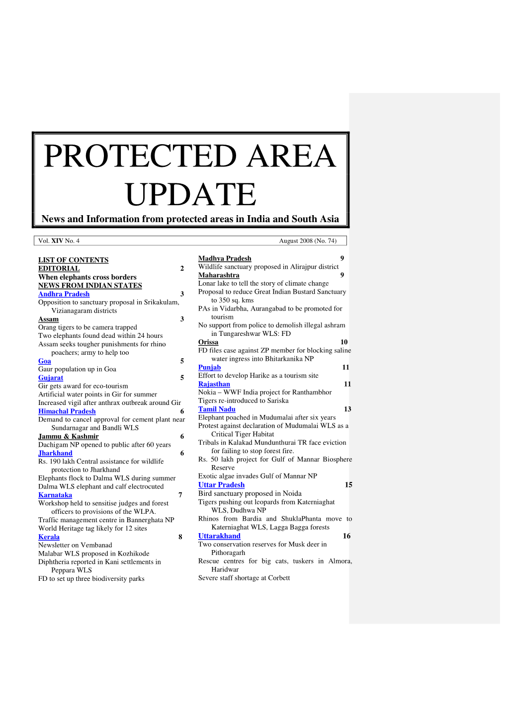 PROTECTED AREA UPDATE News and Information from Protected Areas in India and South Asia