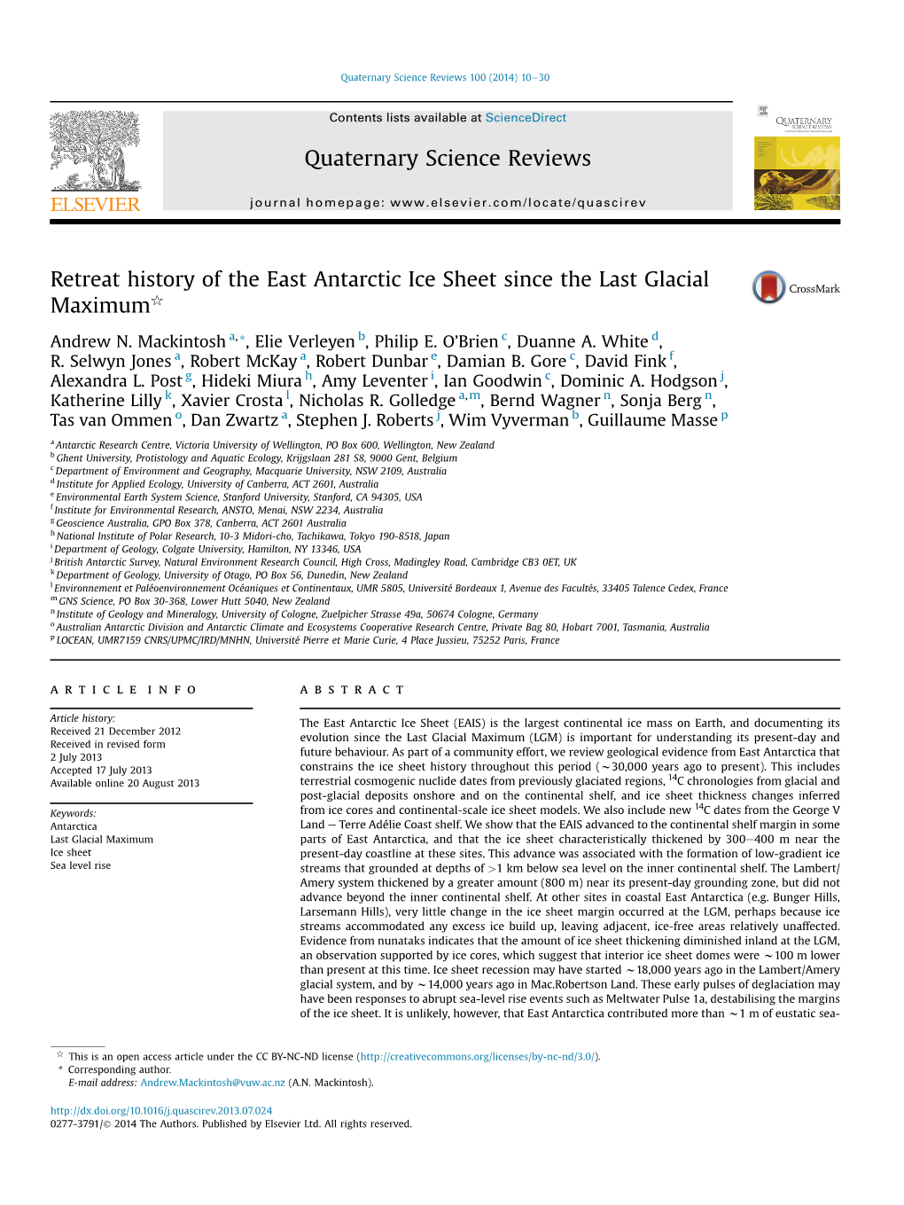 Retreat History of the East Antarctic Ice Sheet Since the Last Glacial Maximumq