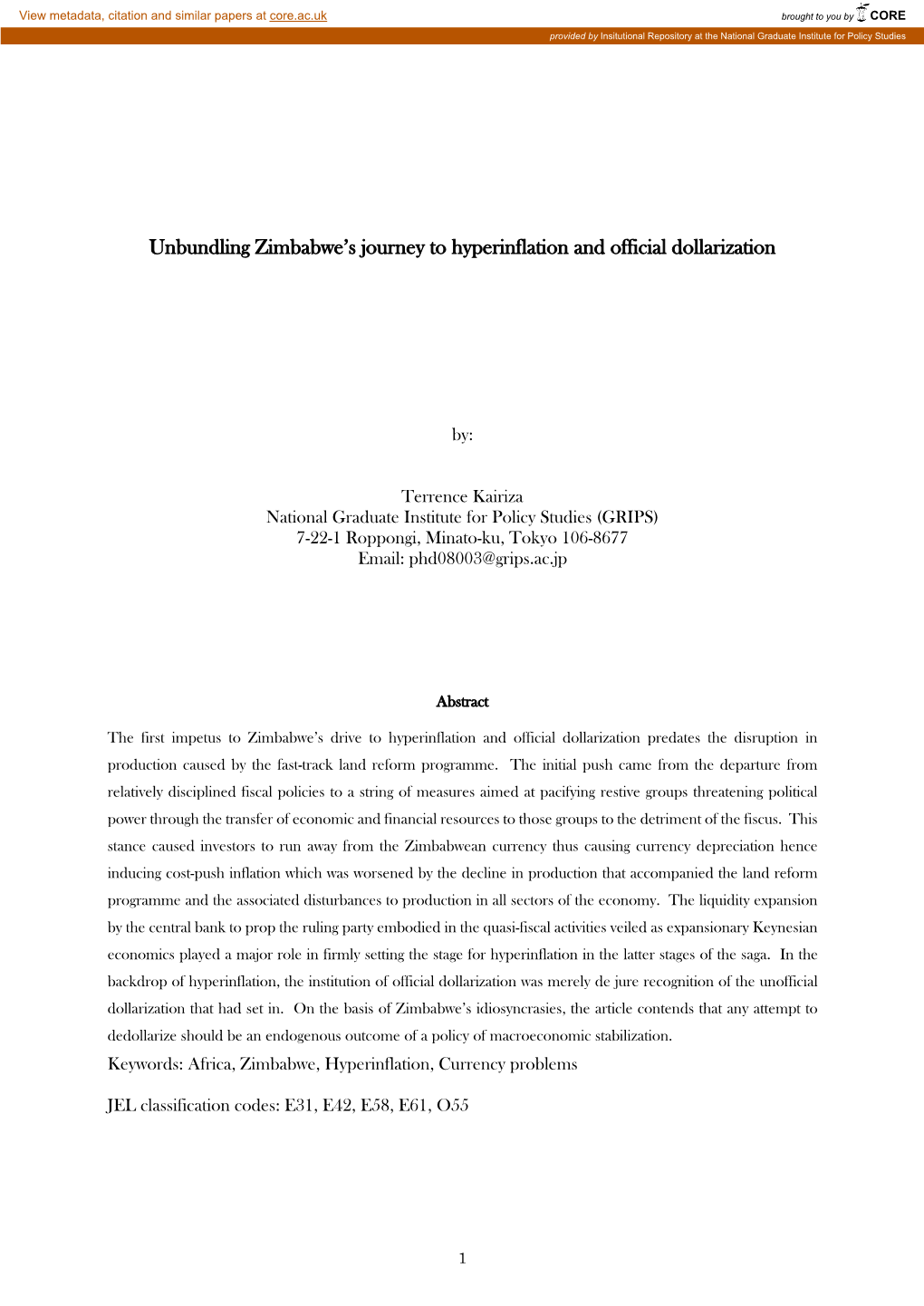 Unbundling Zimbabwe's Journey to Hyperinflation and Official Dollarization