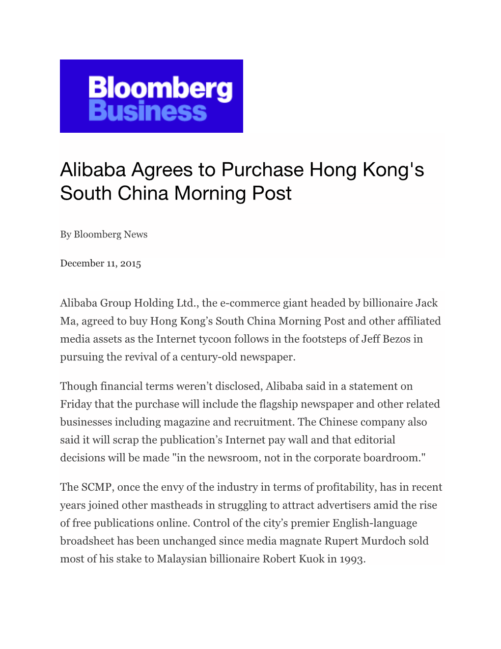 Alibaba Agrees to Purchase Hong Kong's South China Morning Post