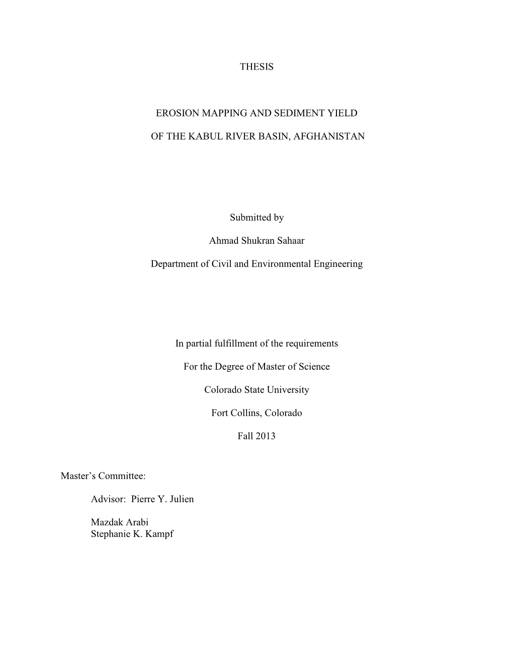 Thesis Erosion Mapping and Sediment Yield of the Kabul