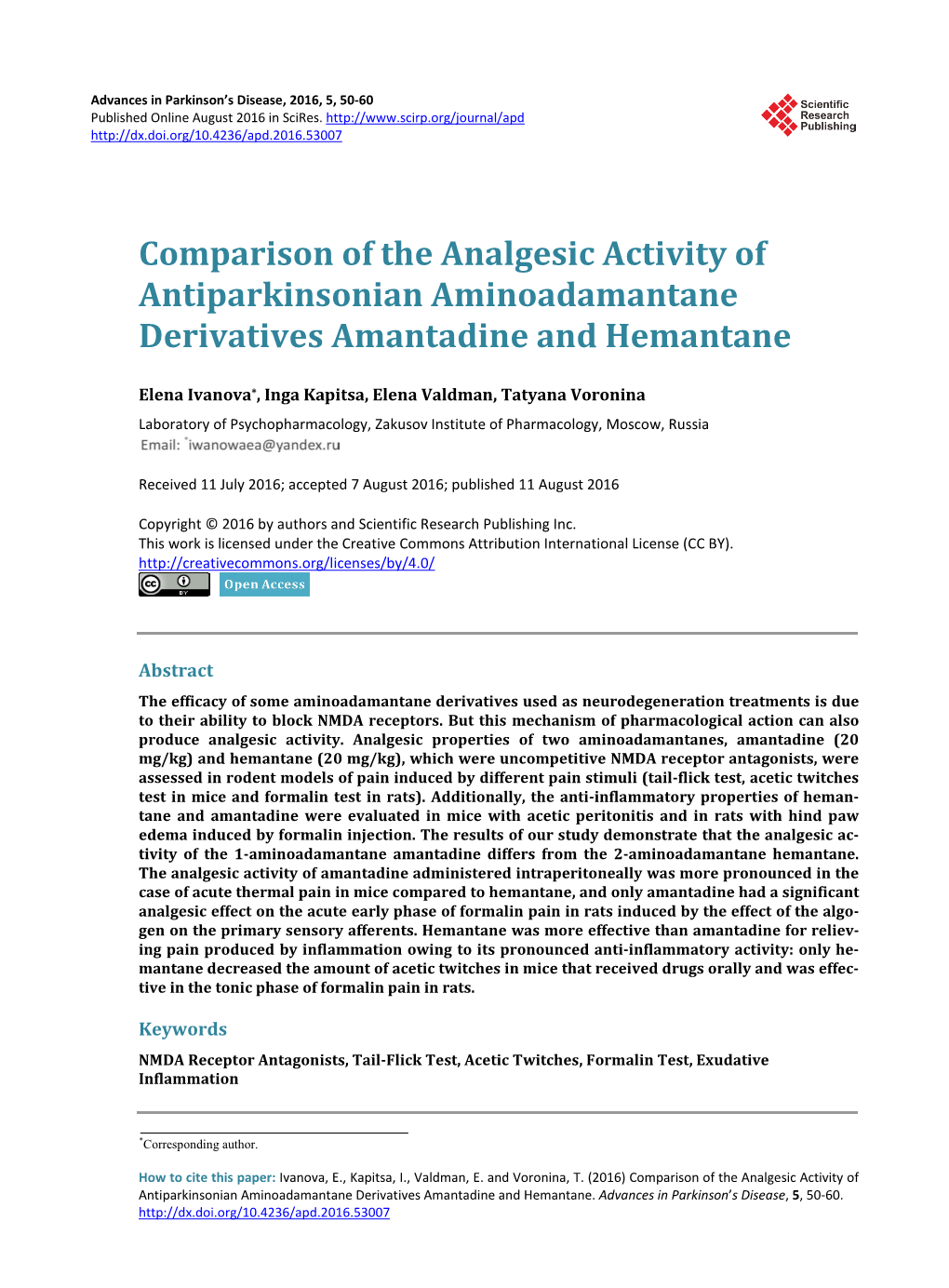 Comparison of the Analgesic Activity of Antiparkinsonian Aminoadamantane Derivatives Amantadine and Hemantane