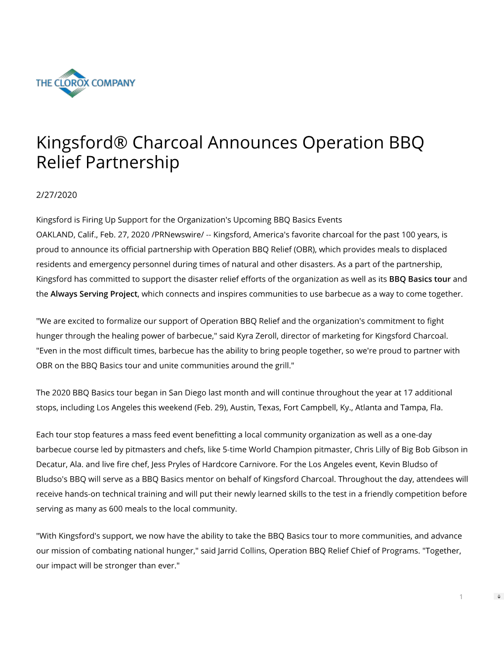Kingsford® Charcoal Announces Operation BBQ Relief Partnership