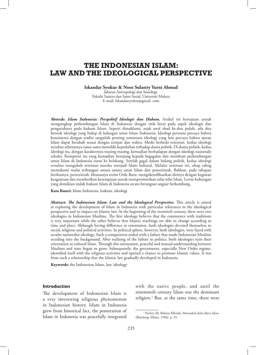 The Indonesian Islam: Law and the Ideological Perspective