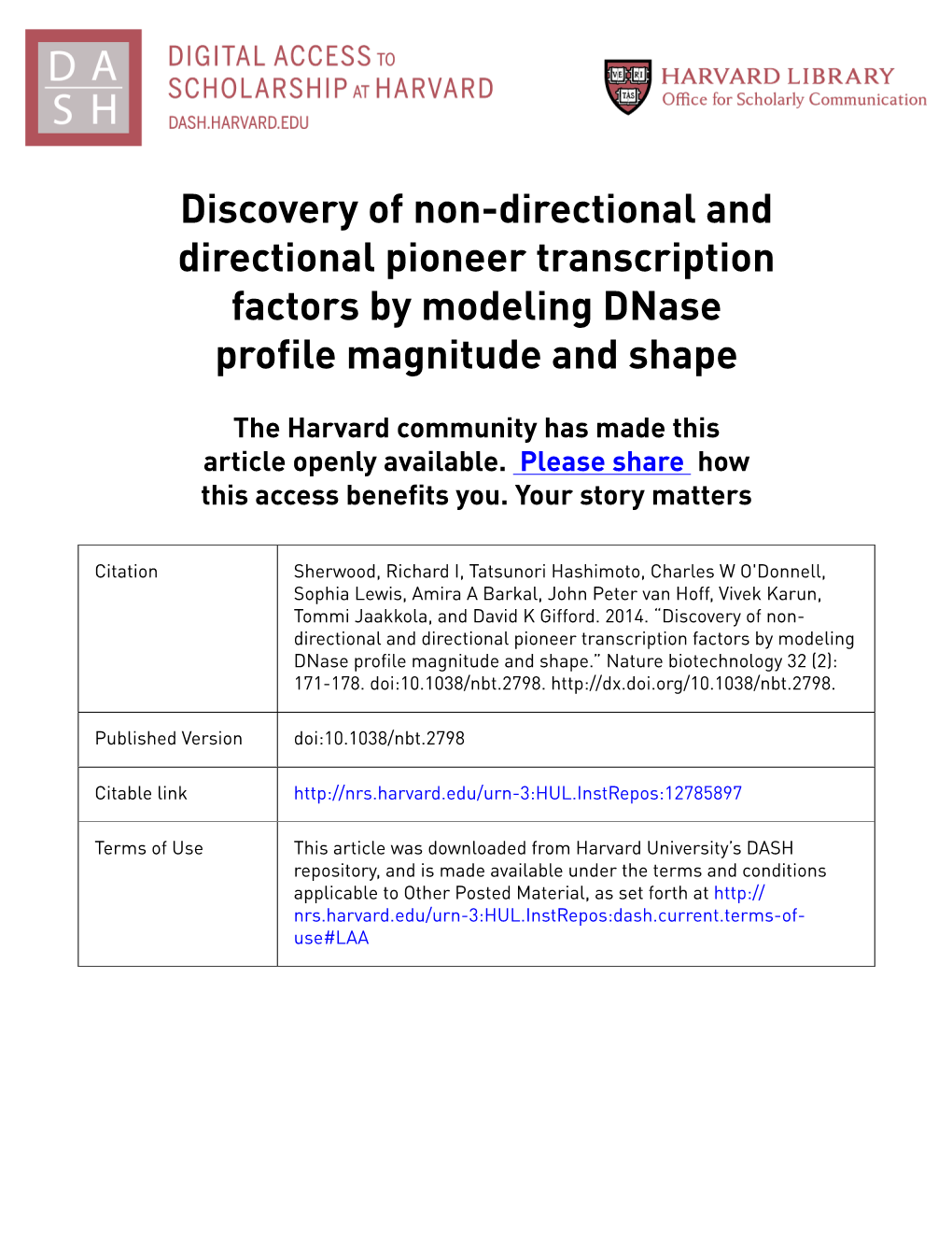 Discovery of Non-Directional and Directional Pioneer Transcription Factors by Modeling Dnase Profile Magnitude and Shape