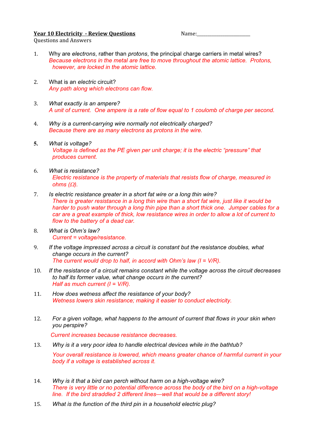 Year 10 Electricity - Review Questions Name:______