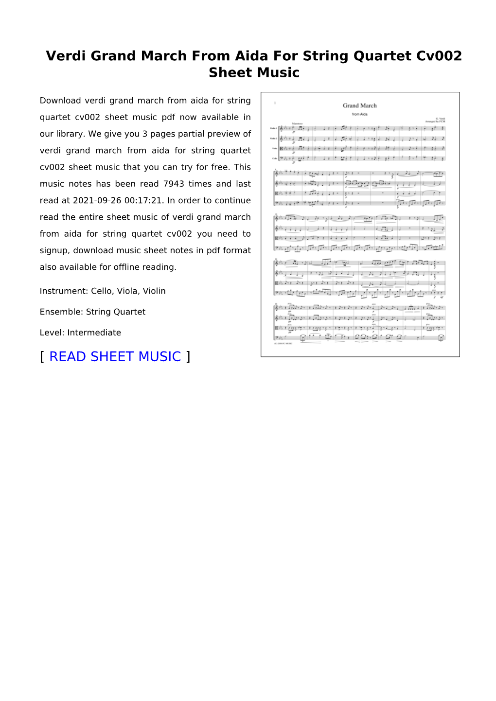 Verdi Grand March from Aida for String Quartet Cv002 Sheet Music