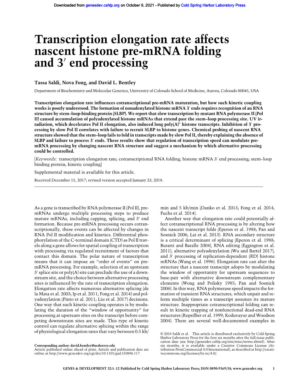 Transcription Elongation Rate Affects Nascent Histone Pre-Mrna Folding and 3′ End Processing
