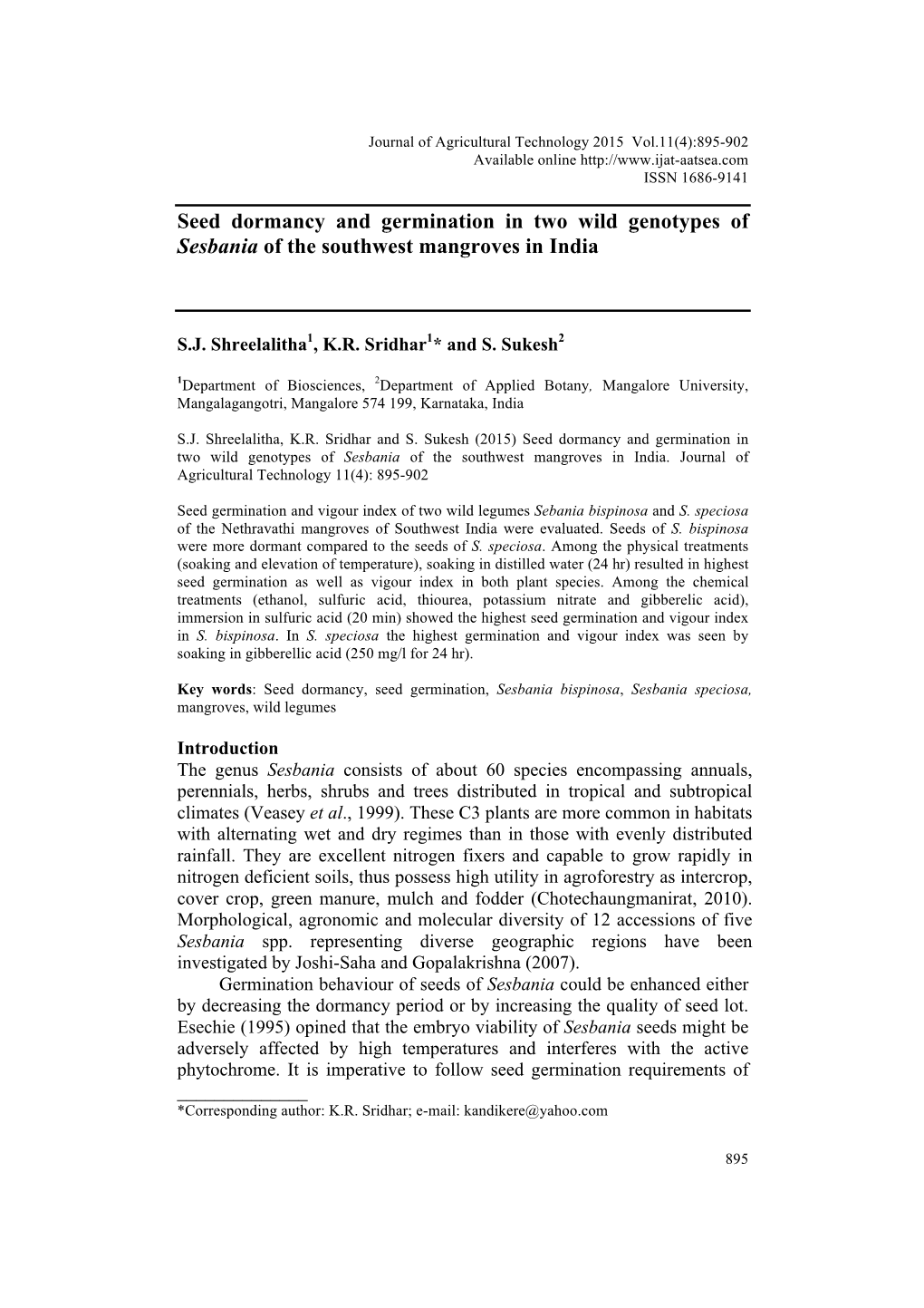 Seed Dormancy and Germination in Two Wild Genotypes of Sesbania of the Southwest Mangroves in India