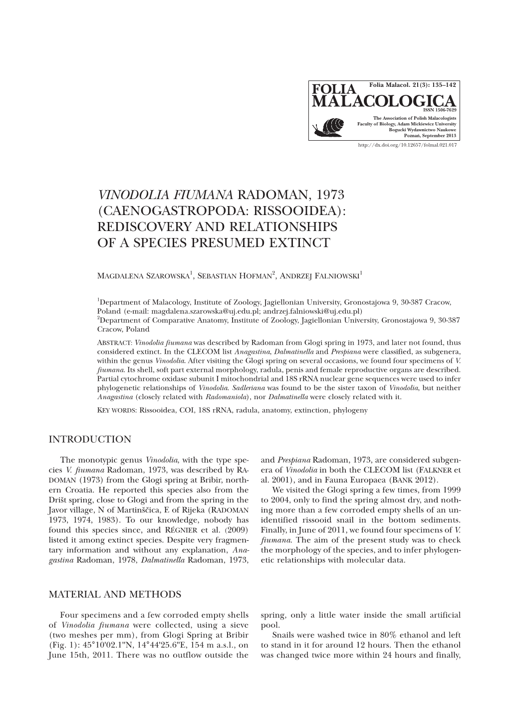 Vinodolia Fiumana Radoman, 1973 (Caenogastropoda: Rissooidea): Rediscovery and Relationships of a Species Presumed Extinct