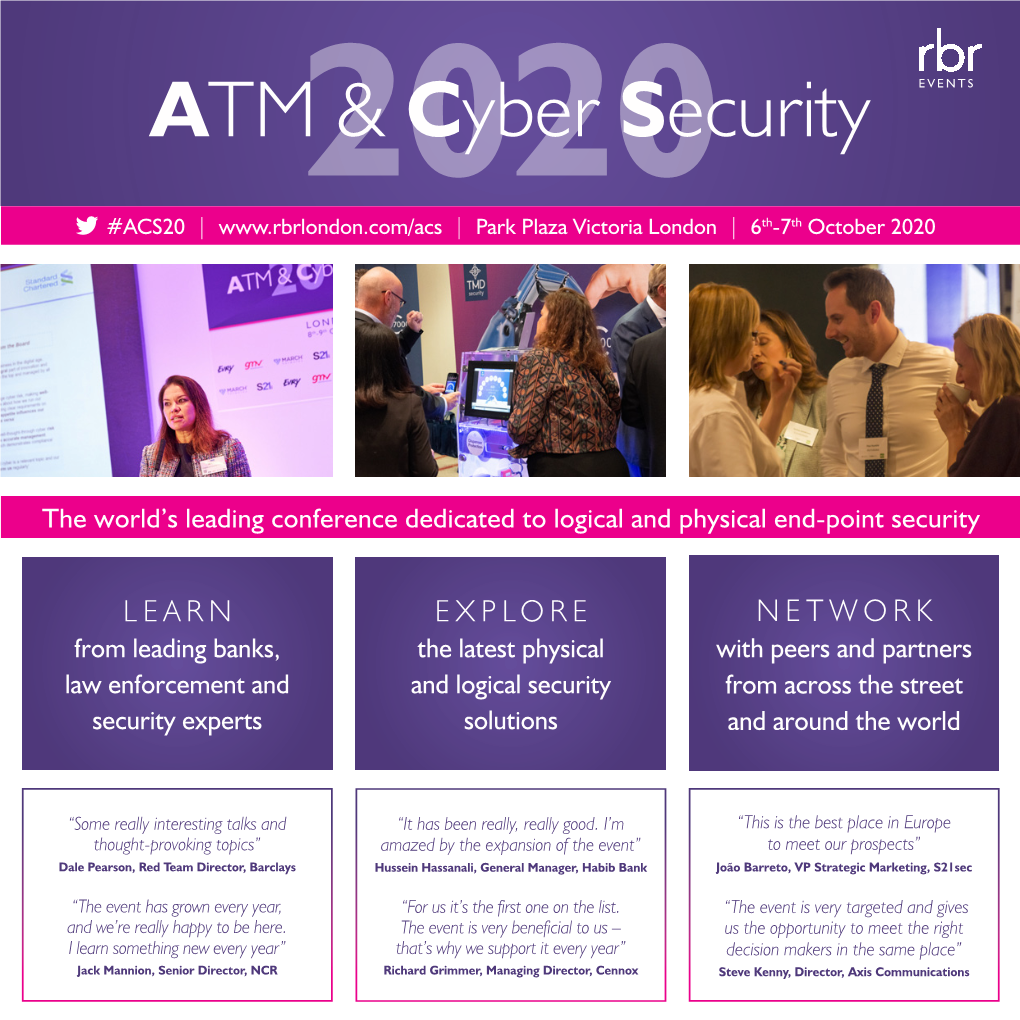 ATM2020 & Cyber Security EVENTS #ACS20 | | Park Plaza Victoria London | 6Th-7Th October 2020