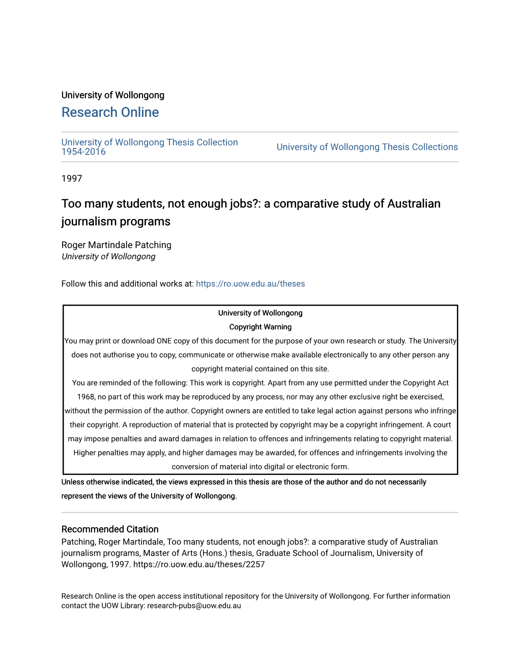 A Comparative Study of Australian Journalism Programs