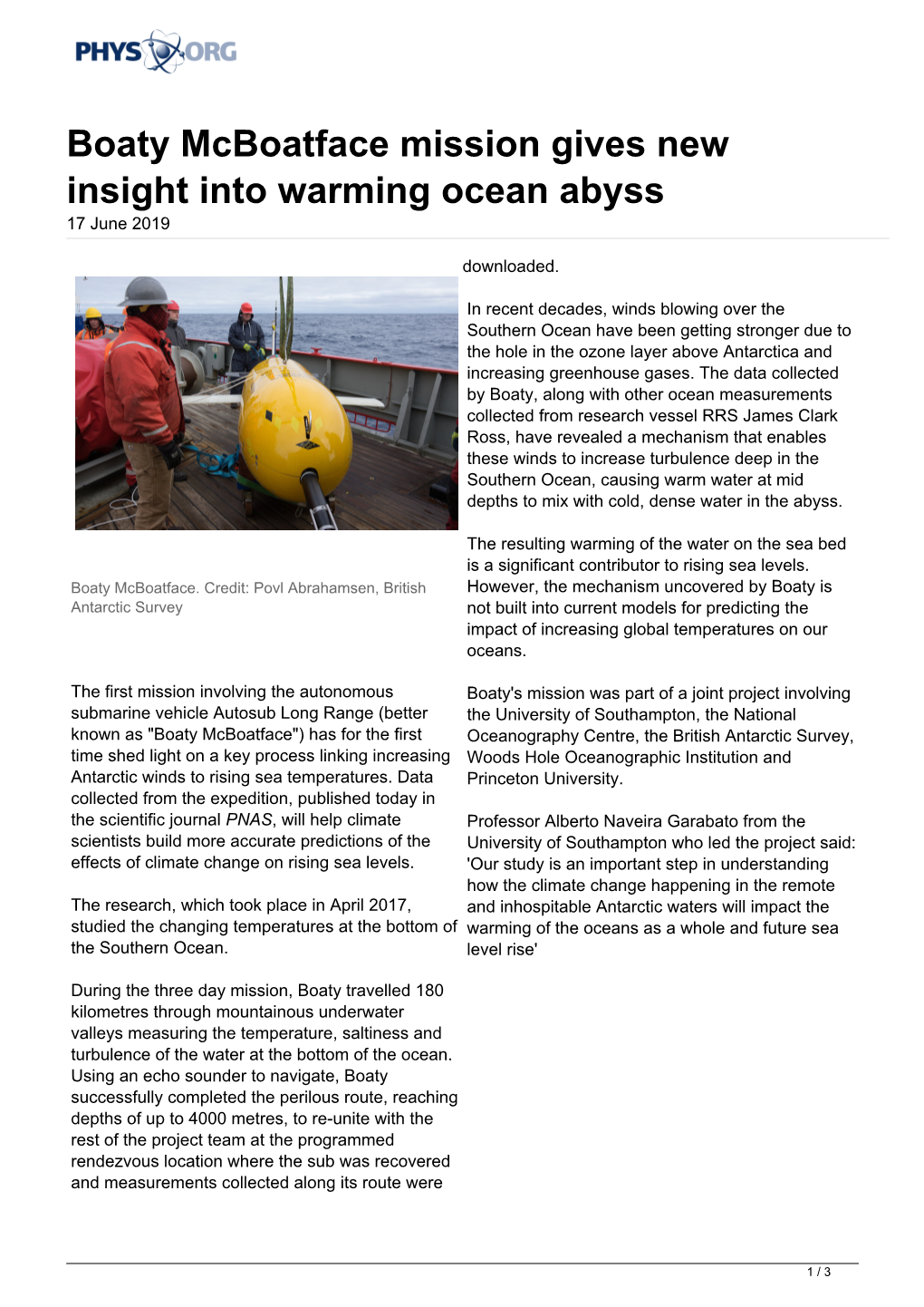 Boaty Mcboatface Mission Gives New Insight Into Warming Ocean Abyss 17 June 2019